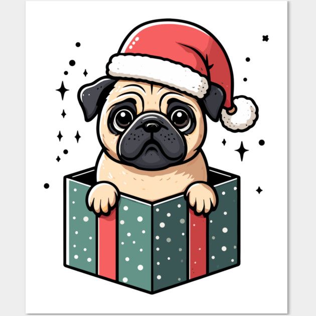 Pug In Present Dog Christmas Festive Santa Hat Wall Art by Frank Ring