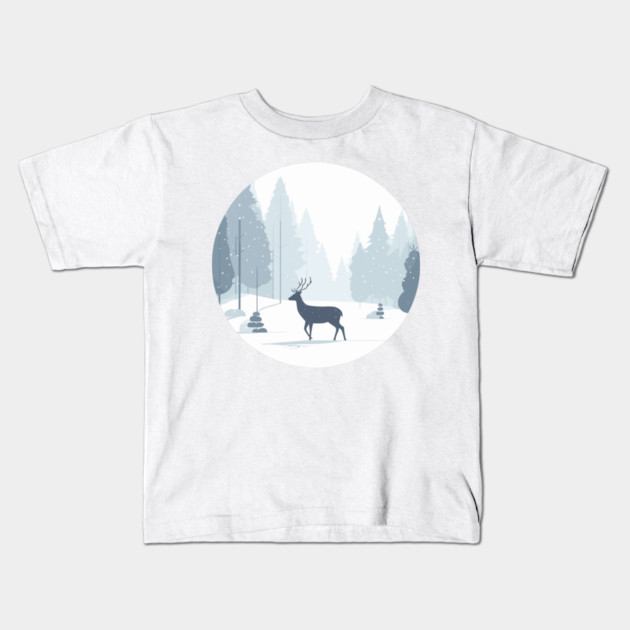 Snowy Lone Deer Christmas Winter Snow Forest Landscape Kids T-Shirt by Frank Ring