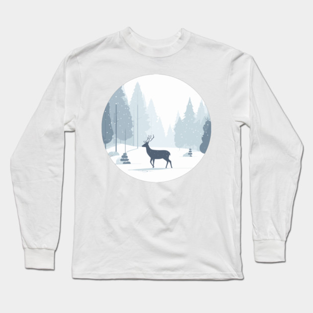 Snowy Lone Deer Christmas Winter Snow Forest Landscape Long Sleeve T-Shirt by Frank Ring