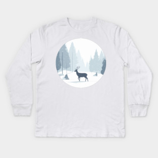 Snowy Lone Deer Christmas Winter Snow Forest Landscape Kids Long Sleeve T-Shirt