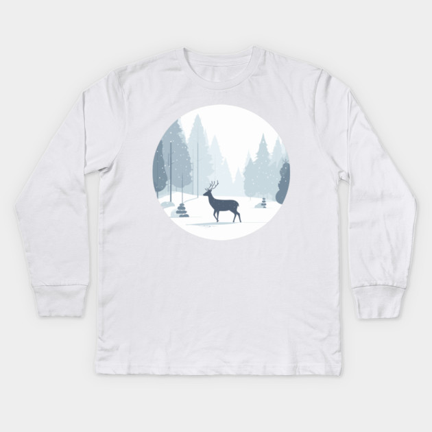 Snowy Lone Deer Christmas Winter Snow Forest Landscape Kids Long Sleeve T-Shirt by Frank Ring