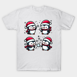 Adorable Cute Penguin Santa Hat Winter Snowball Fight T-Shirt
