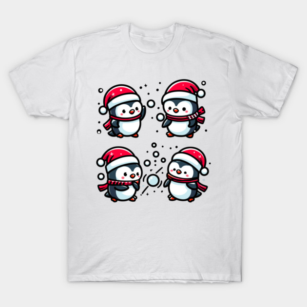 Adorable Cute Penguin Santa Hat Winter Snowball Fight T-Shirt by Frank Ring