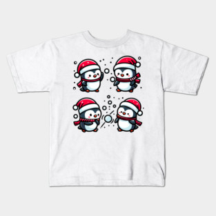 Adorable Cute Penguin Santa Hat Winter Snowball Fight Kids T-Shirt