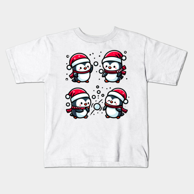 Adorable Cute Penguin Santa Hat Winter Snowball Fight Kids T-Shirt by Frank Ring