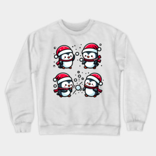 Adorable Cute Penguin Santa Hat Winter Snowball Fight Crewneck Sweatshirt