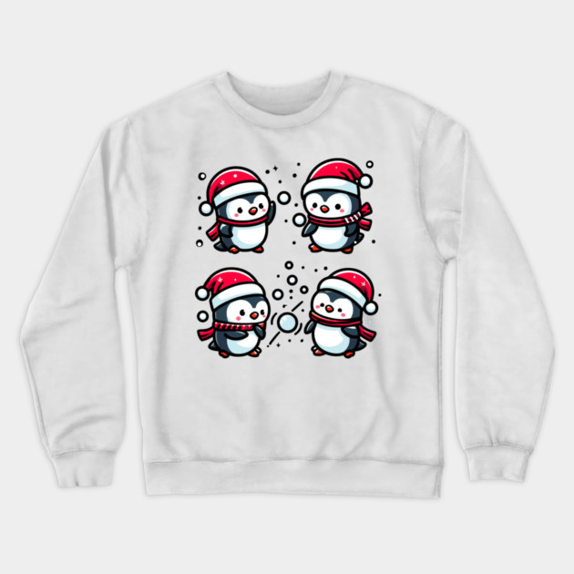Adorable Cute Penguin Santa Hat Winter Snowball Fight Crewneck Sweatshirt by Frank Ring