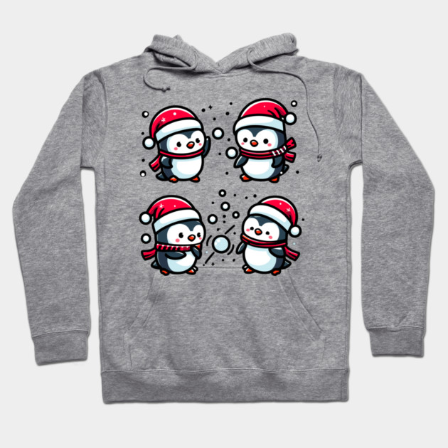 Adorable Cute Penguin Santa Hat Winter Snowball Fight Hoodie by Frank Ring