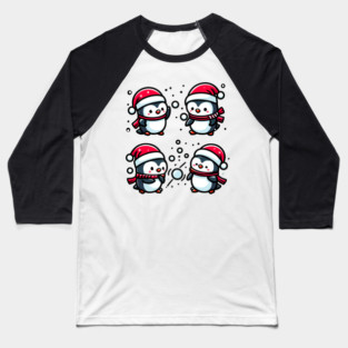Adorable Cute Penguin Santa Hat Winter Snowball Fight Baseball T-Shirt