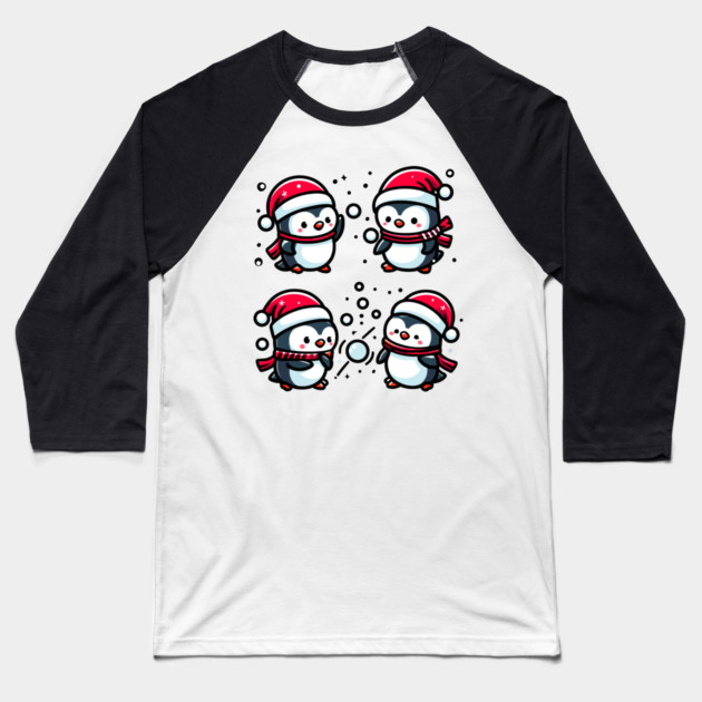 Adorable Cute Penguin Santa Hat Winter Snowball Fight Baseball T-Shirt by Frank Ring