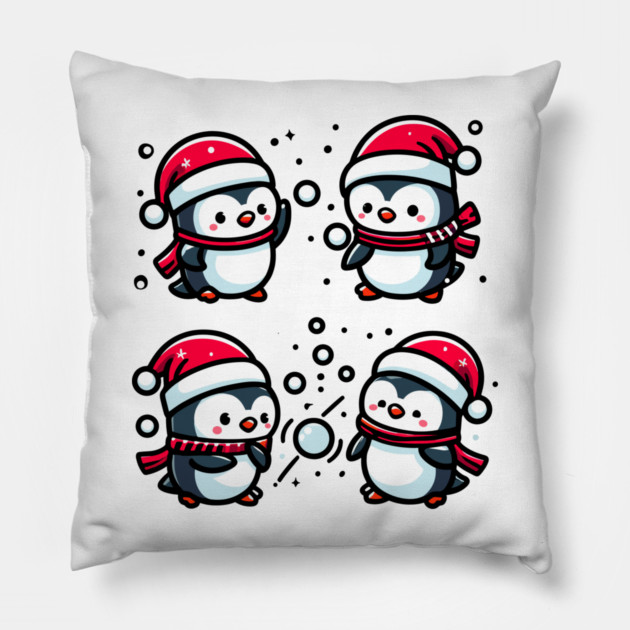 Adorable Cute Penguin Santa Hat Winter Snowball Fight Pillow by Frank Ring