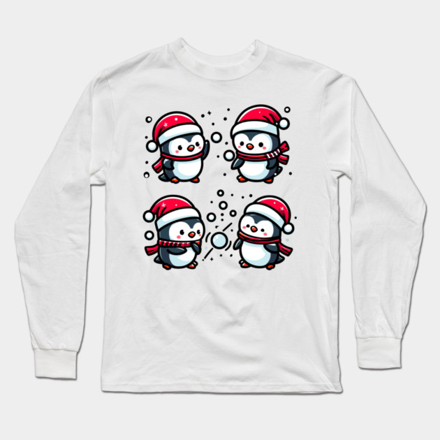 Adorable Cute Penguin Santa Hat Winter Snowball Fight Long Sleeve T-Shirt by Frank Ring