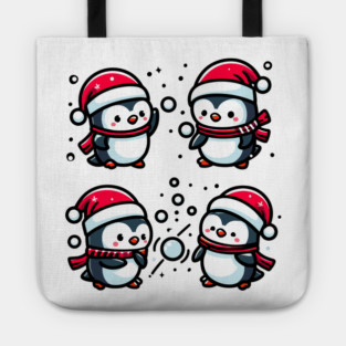 Adorable Cute Penguin Santa Hat Winter Snowball Fight Tote