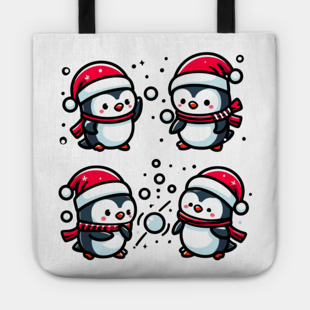 Adorable Cute Penguin Santa Hat Winter Snowball Fight Tote by Frank Ring