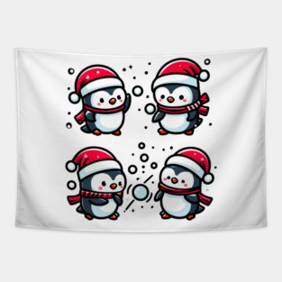 Adorable Cute Penguin Santa Hat Winter Snowball Fight Tapestry