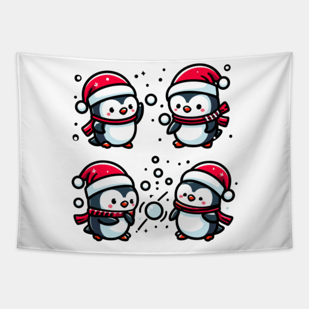 Adorable Cute Penguin Santa Hat Winter Snowball Fight Tapestry by Frank Ring