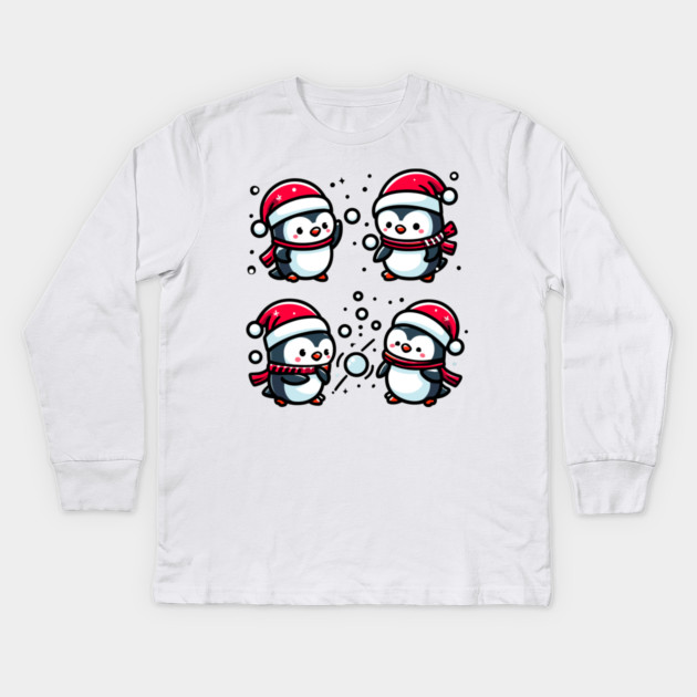 Adorable Cute Penguin Santa Hat Winter Snowball Fight Kids Long Sleeve T-Shirt by Frank Ring