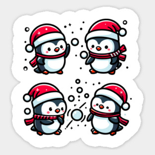 Adorable Cute Penguin Santa Hat Winter Snowball Fight Sticker