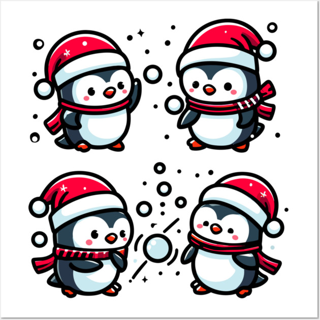 Adorable Cute Penguin Santa Hat Winter Snowball Fight Wall Art by Frank Ring