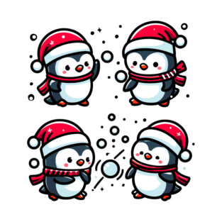 Adorable Cute Penguin Santa Hat Winter Snowball Fight T-Shirt