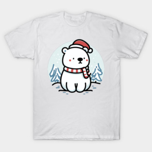 Cute Snowy Polar Winter Bear Santa Hat Scarf Holiday T-Shirt
