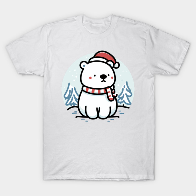 Cute Snowy Polar Winter Bear Santa Hat Scarf Holiday T-Shirt by Frank Ring