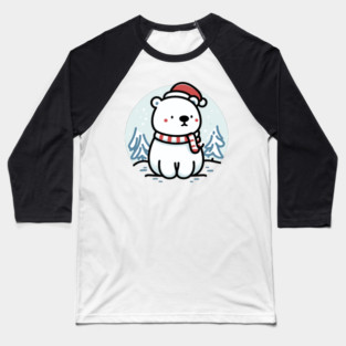 Cute Snowy Polar Winter Bear Santa Hat Scarf Holiday Baseball T-Shirt