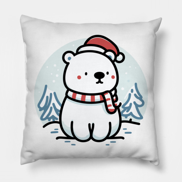 Cute Snowy Polar Winter Bear Santa Hat Scarf Holiday Pillow by Frank Ring