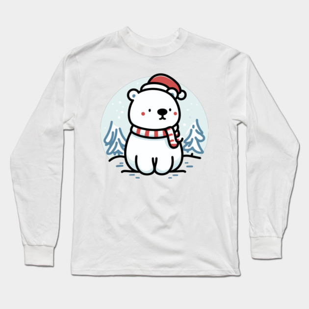 Cute Snowy Polar Winter Bear Santa Hat Scarf Holiday Long Sleeve T-Shirt by Frank Ring