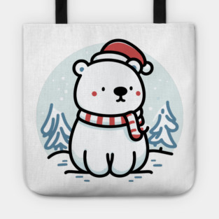 Cute Snowy Polar Winter Bear Santa Hat Scarf Holiday Tote