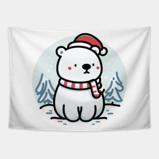 Cute Snowy Polar Winter Bear Santa Hat Scarf Holiday Tapestry