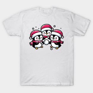 Adorable Cute Penguin Santa Hat Winter Snowball Fight T-Shirt