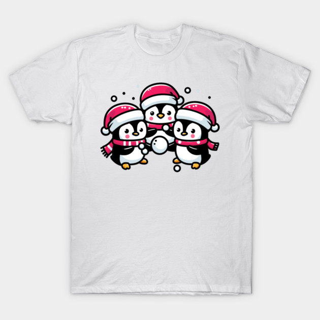 Adorable Cute Penguin Santa Hat Winter Snowball Fight T-Shirt by Frank Ring