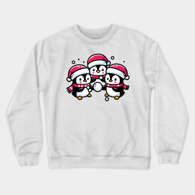 Adorable Cute Penguin Santa Hat Winter Snowball Fight Crewneck Sweatshirt by Frank Ring
