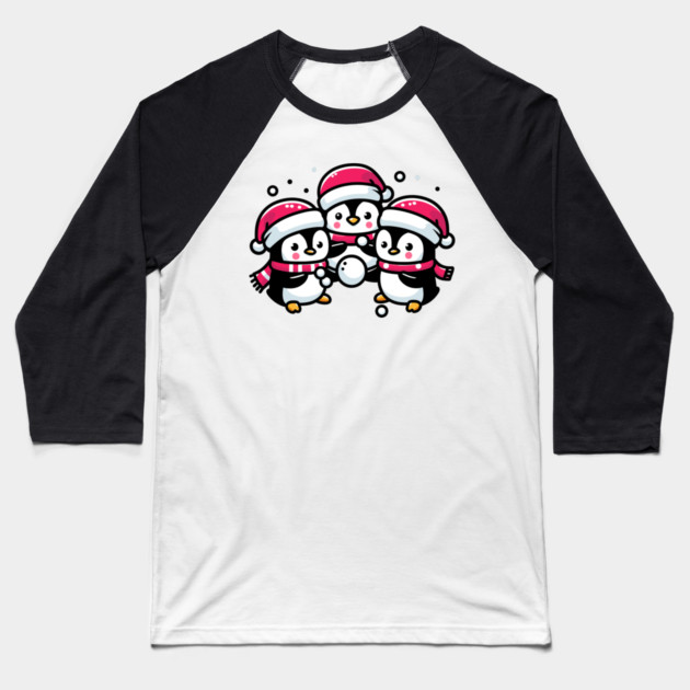 Adorable Cute Penguin Santa Hat Winter Snowball Fight Baseball T-Shirt by Frank Ring