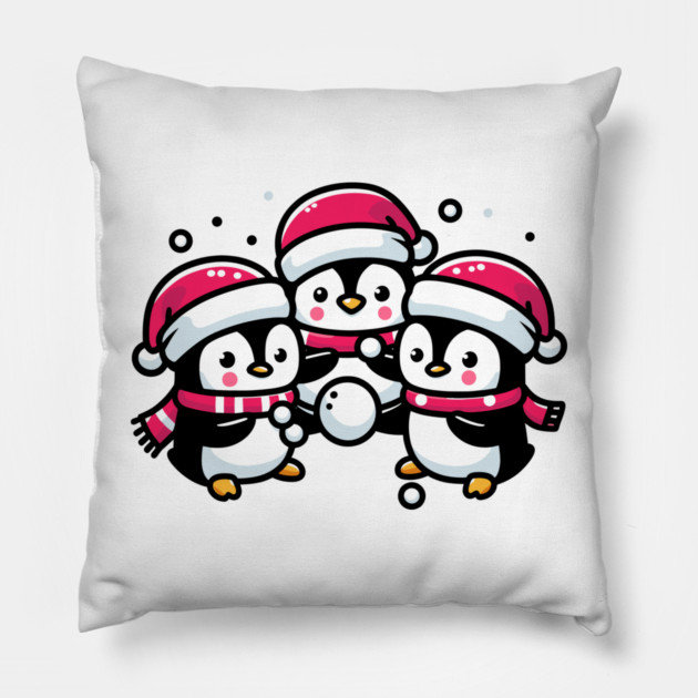Adorable Cute Penguin Santa Hat Winter Snowball Fight Pillow by Frank Ring