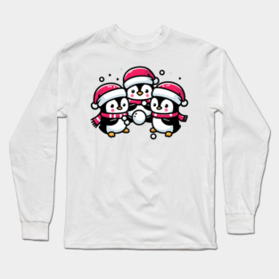 Adorable Cute Penguin Santa Hat Winter Snowball Fight Long Sleeve T-Shirt