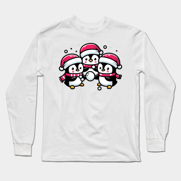 Adorable Cute Penguin Santa Hat Winter Snowball Fight Long Sleeve T-Shirt by Frank Ring