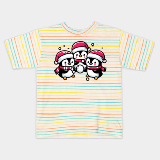 Adorable Cute Penguin Santa Hat Winter Snowball Fight Kids T-Shirt