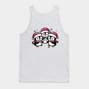Adorable Cute Penguin Santa Hat Winter Snowball Fight Tank Top