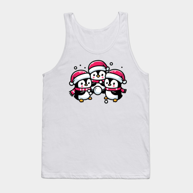 Adorable Cute Penguin Santa Hat Winter Snowball Fight Tank Top by Frank Ring