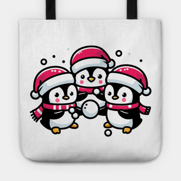Adorable Cute Penguin Santa Hat Winter Snowball Fight Tote by Frank Ring