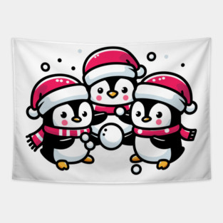 Adorable Cute Penguin Santa Hat Winter Snowball Fight Tapestry