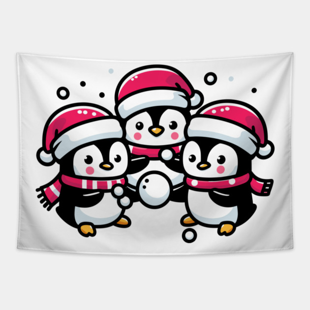 Adorable Cute Penguin Santa Hat Winter Snowball Fight Tapestry by Frank Ring