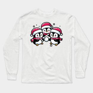 Adorable Cute Penguin Santa Hat Winter Snowball Fight Long Sleeve T-Shirt