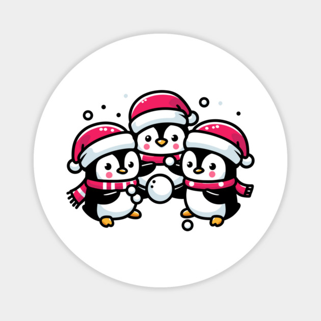 Adorable Cute Penguin Santa Hat Winter Snowball Fight Magnet by Frank Ring