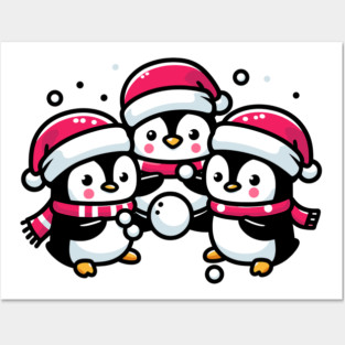 Adorable Cute Penguin Santa Hat Winter Snowball Fight Posters and Art