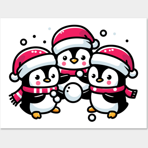 Adorable Cute Penguin Santa Hat Winter Snowball Fight Wall Art by Frank Ring