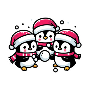 Adorable Cute Penguin Santa Hat Winter Snowball Fight T-Shirt