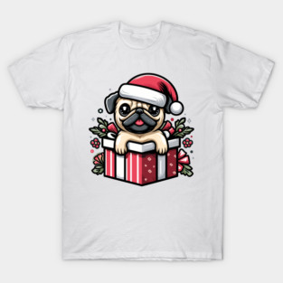 Pug In Present Dog Christmas Festive Santa Hat T-Shirt